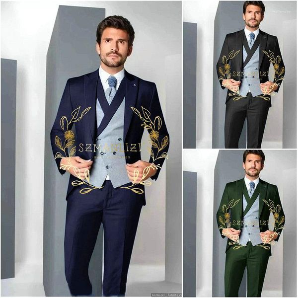 Trajes para hombres 2023 Traje Homme Azul marino para hombre 3 piezas Set Novio para boda Esmoquin Blazer Chaleco Pantalón Padrinos de boda Ropa formal Vestido de fiesta