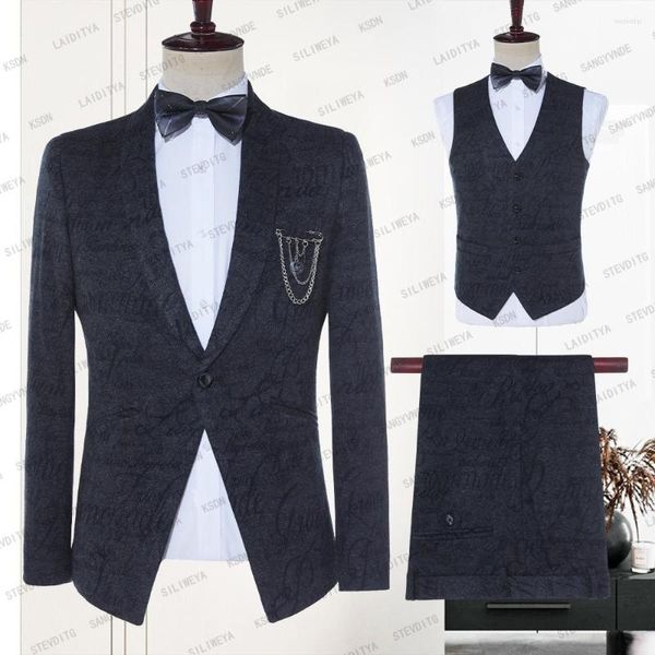 Trajes para hombre 2023, traje de terciopelo gris oscuro para hombre, chal personalizado, solapa, 3 uds., chaqueta, chaleco con pantalones, esmoquin de boda a la moda, ropa de novio