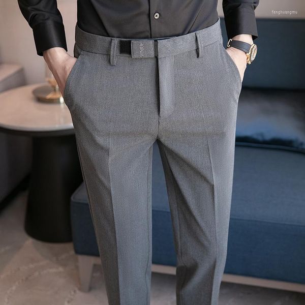 Trajes de hombre 2023 pantalones de vestir grises elegantes para hombre estilo británico ajustado fiesta Social gris Capris boda pantalones elásticos 28-36