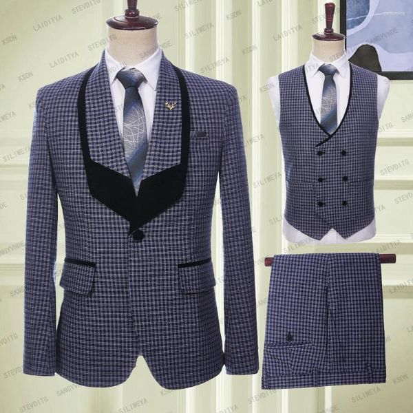 Costumes pour hommes 2023 mode affaires grand col noir décontracté bleu foncé Plaid mâle un bouton 3 pièces ensemble Blazers veste pantalon gilet