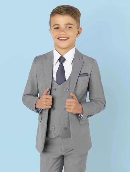 Trajes para hombres 2023 Moda Gris Muesca Solapa Niños Niños Boda Blazer Traje formal Chaleco de doble botonadura Niño Fiesta de cumpleaños Negocios