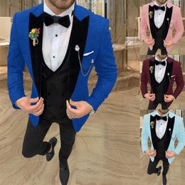 Costumes pour hommes 2023 mode Jacquard bleu Royal hommes costume Slim Fit formel marié robe de mariée smoking veste luxe Blazer gilet pantalon 3 pièces ensemble