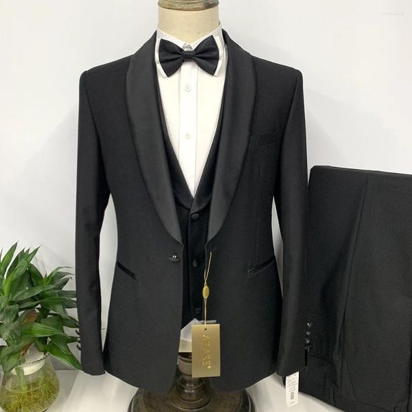 Costumes pour hommes 2023 Costume de lin de mode Business Slim Fit Noir Châle Revers 3 pièces Fête de mariage Bal Casual Boutique Style britannique Ensemble