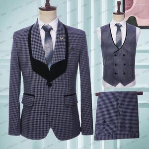 Herenpakken 2023 Fashion heren linnen big zwarte kraag casual donkerblauwe plaid mannelijk één knop 3 pc's set blazers jasbroekvest