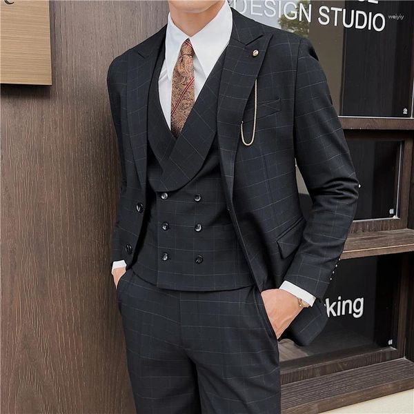 Trajes para hombres 2023 Moda Hombres Ocio Boutique Doble Breasted Plaid Chaleco Traje Pantalones 3pcs Set Vestido Blazers Chaqueta Abrigo Pantalones