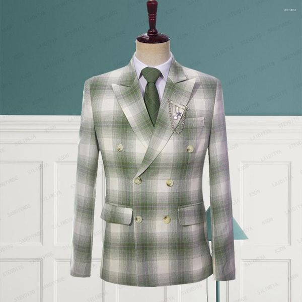 Trajes de hombre 2023 moda verano hombres estilo británico negocios Lino verde Reto clásico Plaid hombre boda fiesta chaqueta traje abrigo