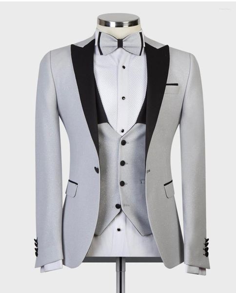 Costumes pour hommes 2023 mode argent hommes noir revers hommes Blazer coupe mince mariage mâle marié Tuxedos costume de bal (veste pantalon gilet)