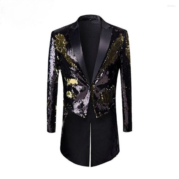 Costumes pour hommes 2023 Série de paillettes complètes Mode masculine Or Noir Double-Color Tailcoat Chanteurs de scène Mariage Grooms Tuxedo Blazer Manteau