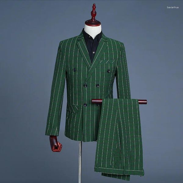 Costumes pour hommes, carreaux verts, Double boutonnage, trois pièces, Blazer, gilet, pantalon, mode Vintage, Tuxedos de marié, Slim, 2023