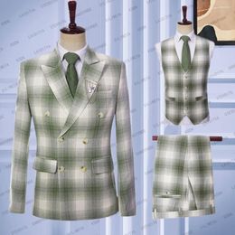 Costumes pour hommes 2023 vert Plaid lin hommes trois pièces ensemble manteau pantalon gilet mariage costume d'affaires luxe Slim Fit mode décontracté