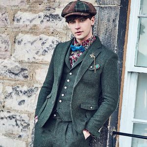 Herenpakken 2023 Green Vintage Business Men's HerringBone Tweed Suit Wol 3 stuks Twee knop Britse vrijetijdsbruiling Wedding Tuxedos voor mannen