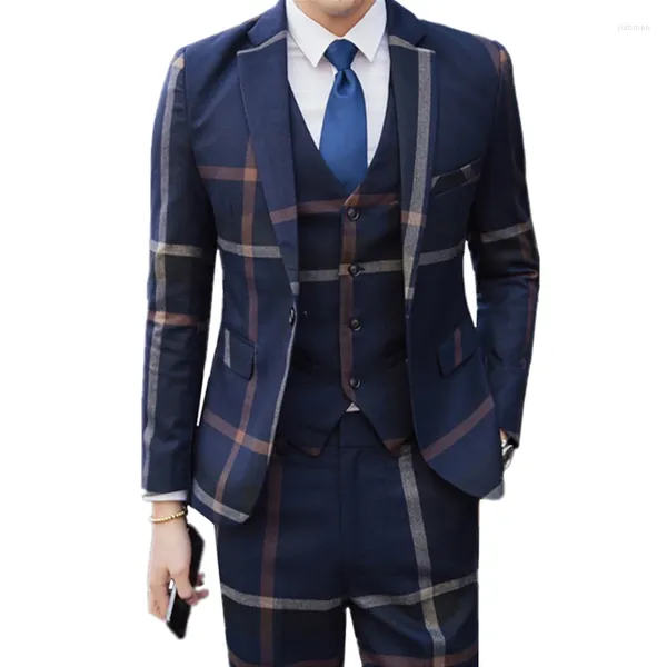 Costumes pour hommes 2023 Haute Qualité Hommes Simple Boutonnage Plaid Casual Costume De Mariage Manteau Pantalon Business Blazers Veste Gilet Pantalon 3 Pcs Ensemble