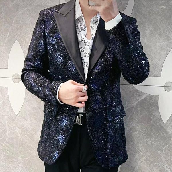 Trajes para hombres 2023 Blazers de banquete de lana de alta calidad Hombres Cuentas azules de lujo son chaquetas de traje hechas a mano Traje de esmoquin social Homme Streetwear