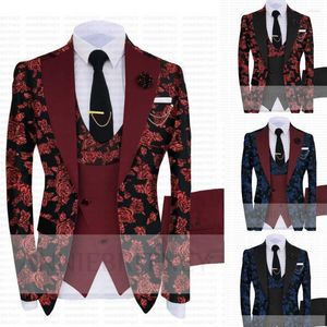 Herenpakken 2023 Latset Luxe Bruiloft Bordeaux Jacquard Voor Mannen 3 Delig Kostuum Homme Mariage Bloemen Blazers Tuxedo Bruidegom Ropa Hombre