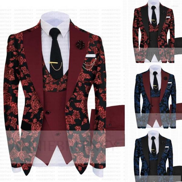 Trajes para hombres 2023 Latset Boda de lujo Borgoña Jacquard para hombres Traje de 3 piezas Homme Mariage Floral Blazers Tuxedo Novio Ropa Hombre