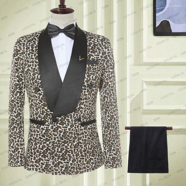 Trajes de hombre 2023, traje de hombre con estampado de leopardo, chaqueta de boda para novio de 2 piezas para padrinos de boda, esmoquin de fiesta ajustado con solapa en pico