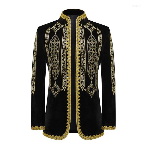 Trajes para hombre 2023, chaqueta de traje de terciopelo con bordado Floral barroco de lujo para hombre, cárdigan ajustado con cuello levantado, chaqueta para fiesta, boda, cena