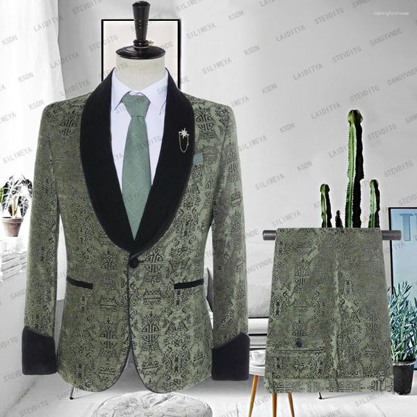 Trajes para hombre 2023 Blazer de lujo traje chaqueta de escenario traje masculino terciopelo negro chal solapa hilo verde claro bordado 2 piezas Trouse