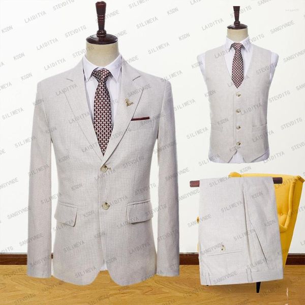 Trajes para hombre 2023, conjunto de lino de negocios de alta calidad para hombre, color caqui claro, ajustado, moda, boda, fiesta, esmoquin, 3 piezas (chaqueta, chaleco, pantalones)