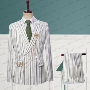 Costumes pour hommes 2023 hommes de haute qualité blanc lin vert clair rayure affaires formel mariage Gentleman robe 2 pièces ensemble veste pantalon