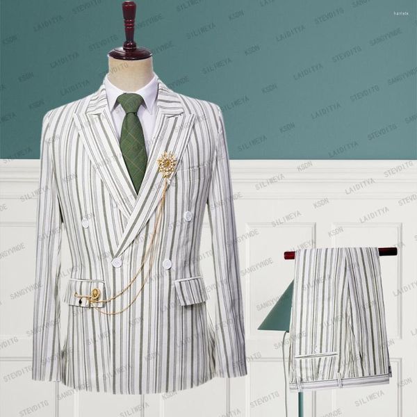 Trajes para hombres 2023 Hombres de alta calidad Lino blanco Raya verde claro Negocio Formal Boda Vestido de caballero 2 piezas Conjunto Chaqueta Pantalones