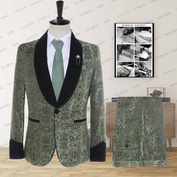 Costumes pour hommes 2023 Blazer de luxe pour hommes Costume Veste de scène Costume Homme Velours Noir Châle Revers Vert Clair Fil Embroi 2 Pièces Trouse