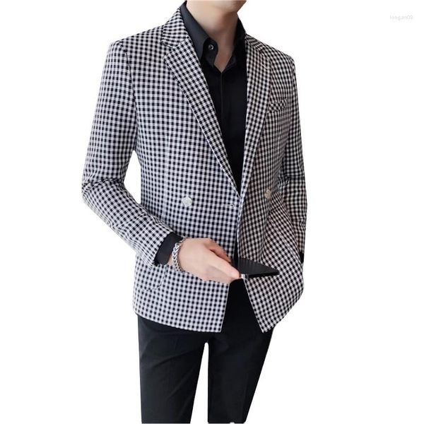 Costumes pour hommes 2023 Hommes d'affaires Casual Plaid Costume Veste Noir / Blanc Social Robe de soirée de mariage Double Split Slim Fit Blazer Manteaux