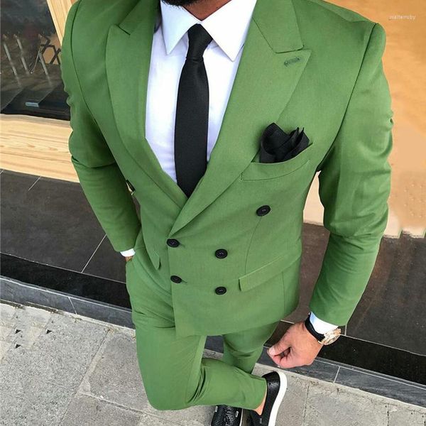 Costumes pour hommes 2023 hommes costume Double boutonnage vert Olive mariage marié smoking pour bal homme porter Blazer 2 pièces (Blazer pantalon)