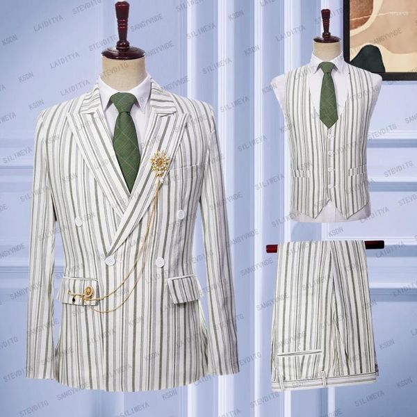 Costumes pour hommes 2023 hommes ensemble de lin mode Slim Fit vert clair blanc rayure verticale mariage marié Tailcoat veste gilet pantalon