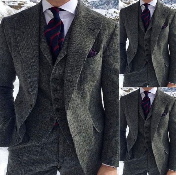 Trajes para hombres 2023 Mezcla de lana para hombres Espiga gris 3 piezas Solapa de muesca Tweed Vintage Peaky Blinder