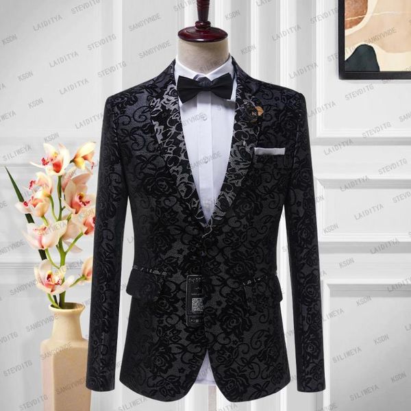 Costumes pour hommes 2023 Hommes Costume de bal de mariage Noir Jacquard Floral Revers en pointe Slim Fit Tuxedo Formal Business Work Wear Veste Blazers Manteau