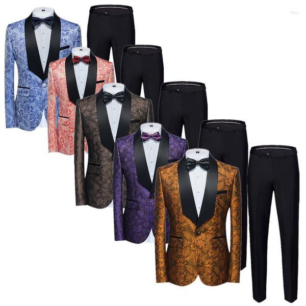 Trajes de hombre 2023, traje de boda para hombre, 2 piezas, vestido de esmoquin ajustado de una sola botonadura, Blazers de Jacquard de negocios sociales, pantalones de Color sólido