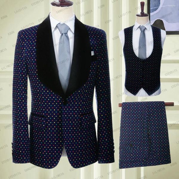 Trajes de hombre 2023 azul marino 3 piezas de lino novio boda hombres de un solo pecho Masculino Slim Fit colorido puntos ocio baile traje