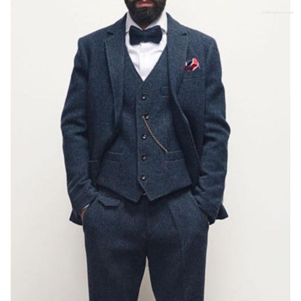 Trajes de hombre 2023 azul marino lana Tweed traje masculino para invierno espiga padrino boda esmoquin Formal fiesta de graduación hombres ropa 3 piezas
