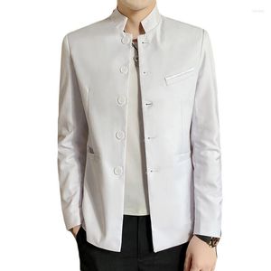 Trajes para hombre 2023, traje de cuello alto de Color puro para hombre, negro, blanco, azul marino, estilo chino, chaquetas de boda de negocios, chaqueta ajustada para hombre