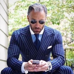 Herenpakken 2023 Royal Blue Stripe Mens Slim Fit formele sjaalsrapel terno masculino business tuxedos bruidegomman 2pcs (blazer broek