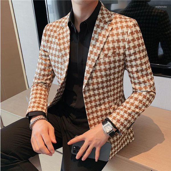 Trajes de hombre 2023 Simple Slim Fit vestido de negocios abrigos novio boda esmoquin traje chaqueta estilo británico hombres Houndstooth Blazers