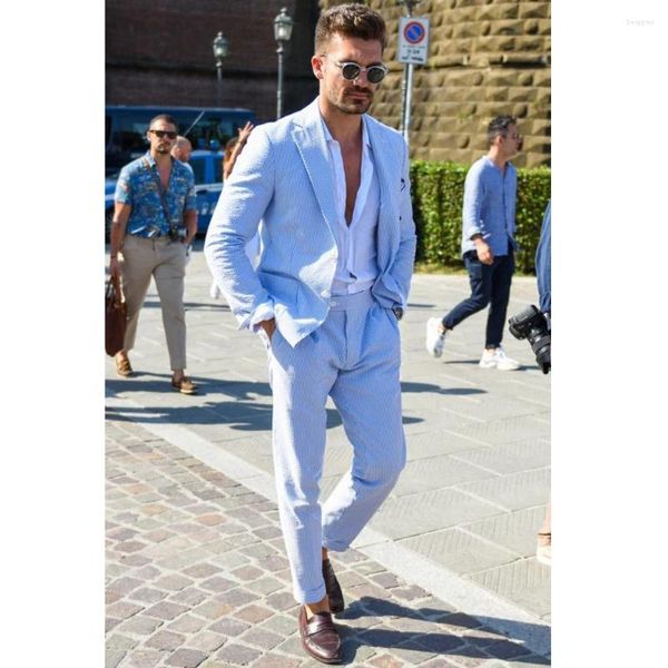 Costumes pour hommes 2023 Bleu Ciel Hommes Plage Veste Pantalon 2 Pièces Été Seersucker Loisirs Marié Mariage Revers Cranté Tuxedos