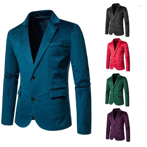 Trajes para hombres 2023 Chaqueta de traje de primavera con cuello en V Terciopelo 2 botones Blazer Verde Color sólido Top Coat