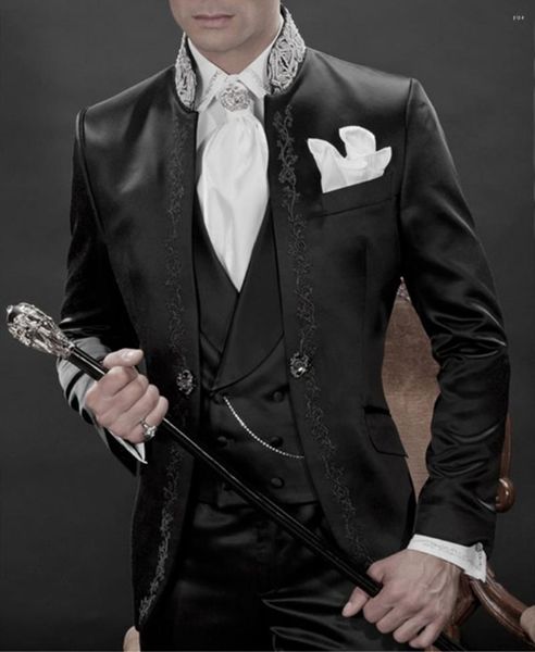 Costumes pour hommes 2023 Style noir argent gris broderie marié Tuxedos hommes de mariage bal marié (veste pantalon gilet)