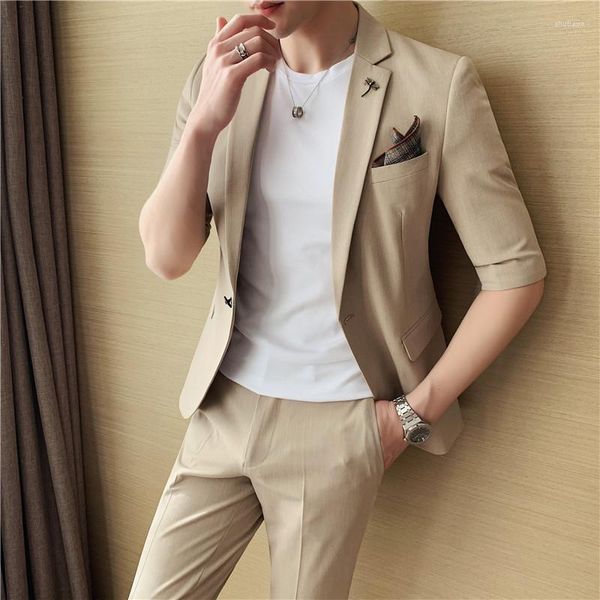 Costumes pour hommes 2023 Mode d'été Slim Couleur unie Costume à manches mi-manches de haute qualité Blazers coréens Match Pantalon Hommes Formel Office Party Tuxedo