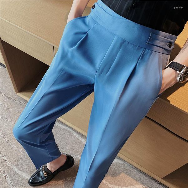 Costume d'été pour hommes, couleur unie, taille haute décontractée, ensemble pantalon, Design avec ceinture, soie glacée, confortable, Slim Fit, fête de mariage sociale, 2023