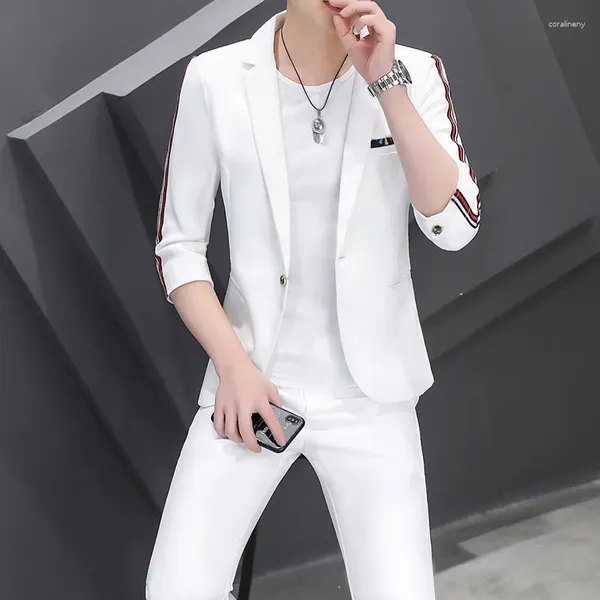 Trajes para hombre, traje de verano 2023 (Blazer pantalones occidentales), versión coreana, chaqueta informal ajustada de manga media con manga de siete puntos, conjunto de dos piezas