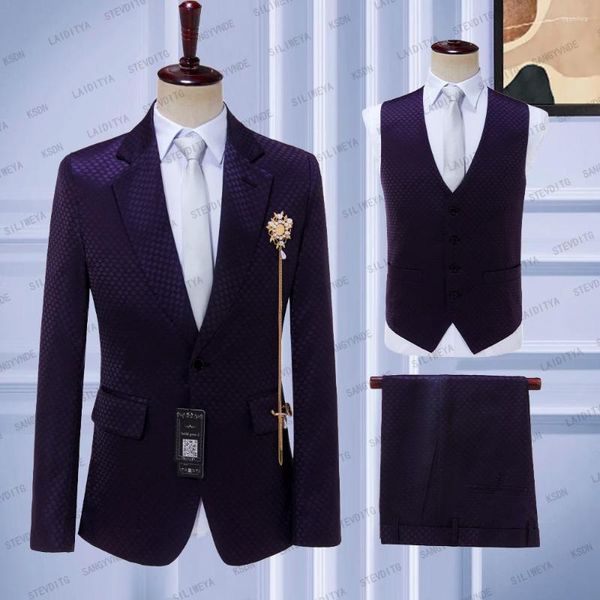 Costumes pour hommes 2023 sur mesure violet foncé Jacquard pour hommes 3 pièces Slim Fit formel mariage smoking mode Blazer gilet pantalon ensemble