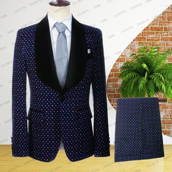 Costumes pour hommes 2023 sarcelle à pois hommes Costume coupe ajustée tenues de Mariage affaires bleu marine élégant Costume Mariage Homme 2 pièces