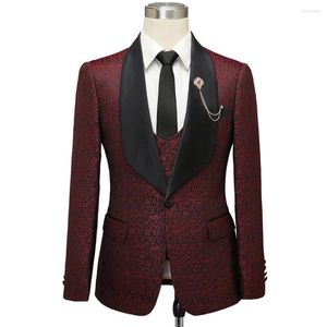 Costumes pour hommes 2023 vin rouge couleur smoking hommes costume de mariage Banquet marié Blazer avec pantalon homme Slim Fit (veste pantalon gilet)