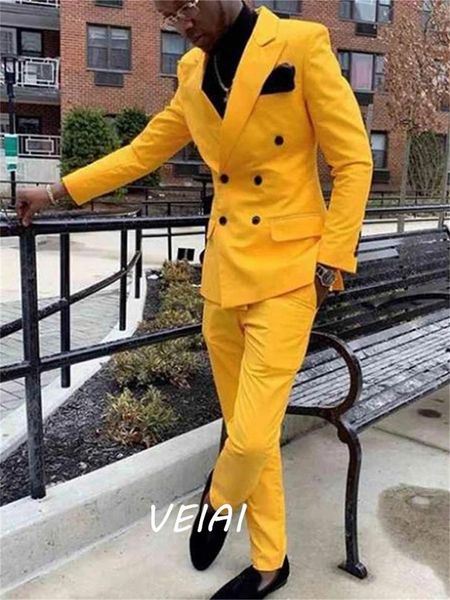 Costumes pour hommes 2023 jaune loisirs affaires mariage hommes ligne deux boutonnage été printemps hommes costume 2 pièces (veste pantalon) Traje Hombre