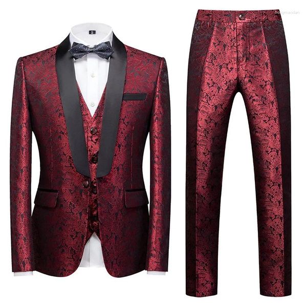 Trajes para hombre 2024, conjunto de 3 piezas, temperamento, Boutique de negocios, traje de pantalón con estampado de flores (Blazer, chaleco, pantalones), conjuntos de boda de moda masculina