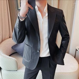 Herenpakken 2024 Herfst Winter Lederen Jasje Mannen Effen Kleur Casual Blazer Masculino Slim Fit Business Bruiloft Sociale jurk Jassen