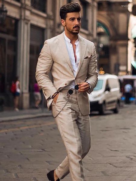 Trajes de hombre 2024 Lino Beige 2 piezas para verano chaqueta de Hombre Casual Hombre playa boda chaqueta italiana pantalones conjuntos novio esmoquin